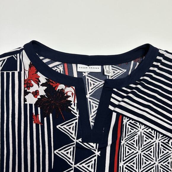 Susan Graver Top Womens 2X Geometric Liquid Knit Stretch Blouse Red Blue 3/4 - Picture 2 of 6